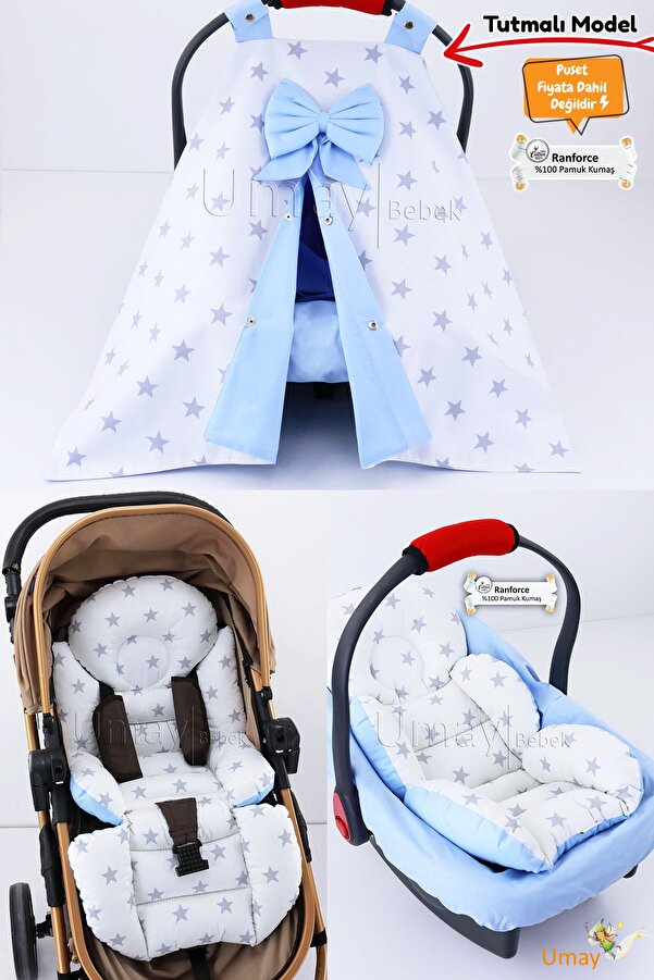 Umaybebek 4 Parça - Puset Örtüsü, Bel Destekli Bebek Arabası Minderi, Puset Minderi, Puset Çarşafı - Tutmalı