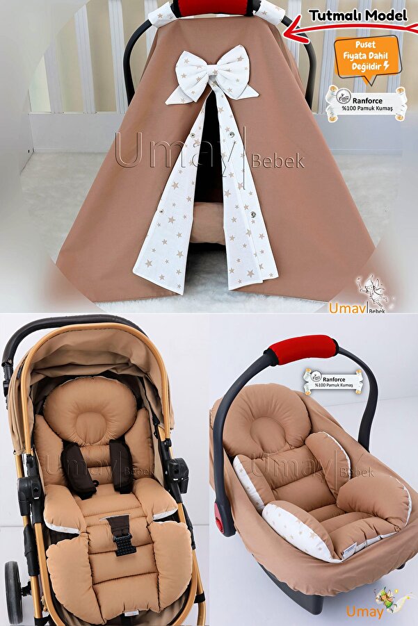 Umaybebek 4 Parça - Puset Örtüsü, Bel Destekli Bebek Arabası Minderi, Puset Minderi, Puset Çarşafı - Tutmalı