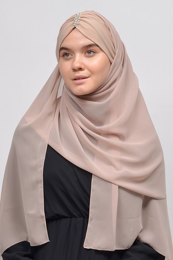 Altobeh-Elegant Jewelled Draped Ready Practical Chiffon Hijab Shawl - Light Latte 1