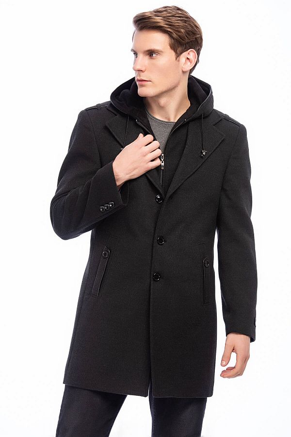 DYNAMO-Men's Smoked Wool Blended Cashmere Hooded Zippered Front and Buttoned Coat 1