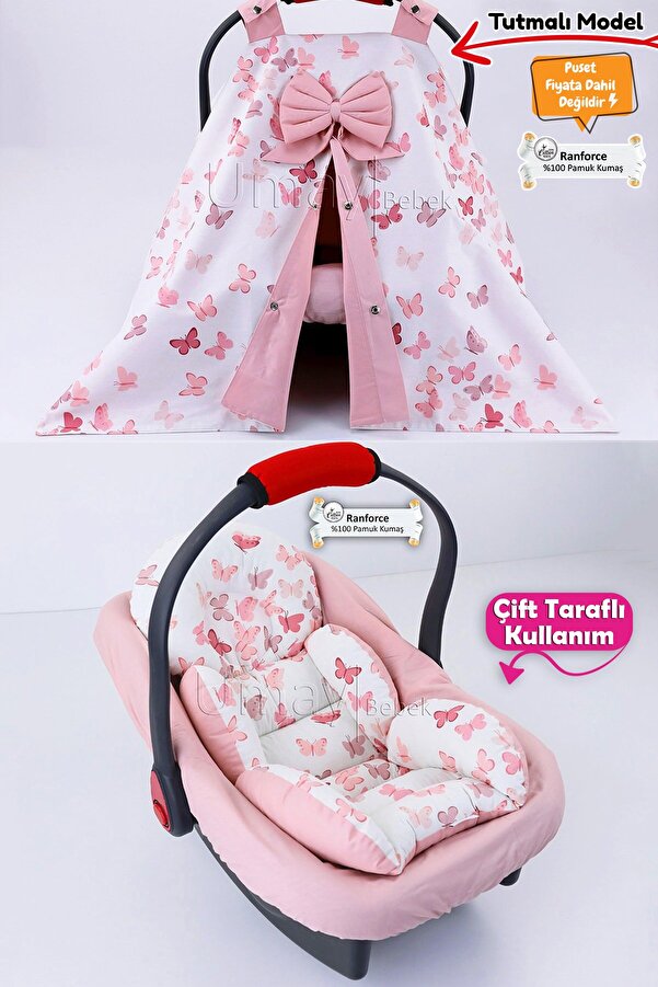 Umaybebek 3 Parça - Puset Örtüsü, Bel Destekli Puset Minderi, Puset Çarşafı, %100 Pamuk- Tutmalı