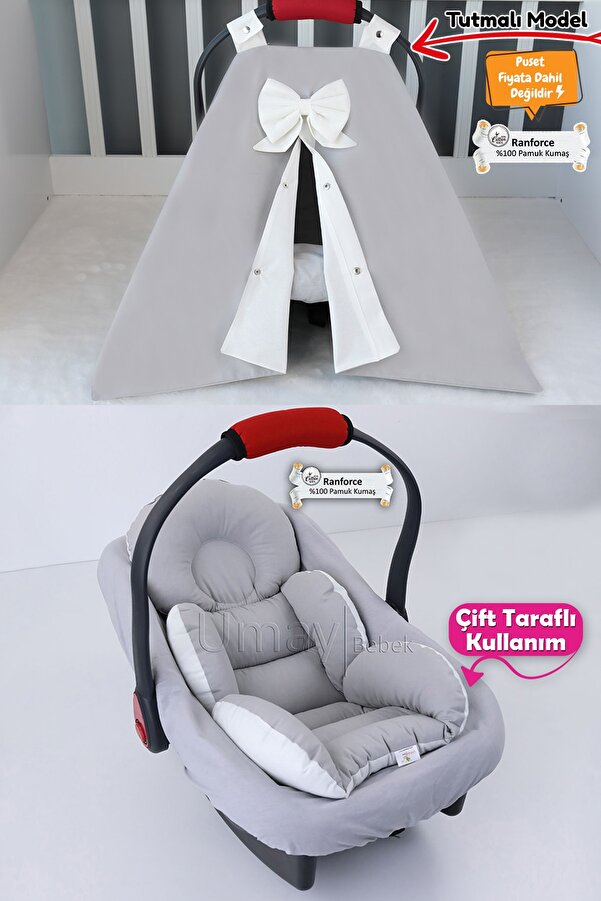 Umaybebek 3 Parça - Puset Örtüsü, Bel Destekli Puset Minderi, Puset Çarşafı, %100 Pamuk- Tutmalı