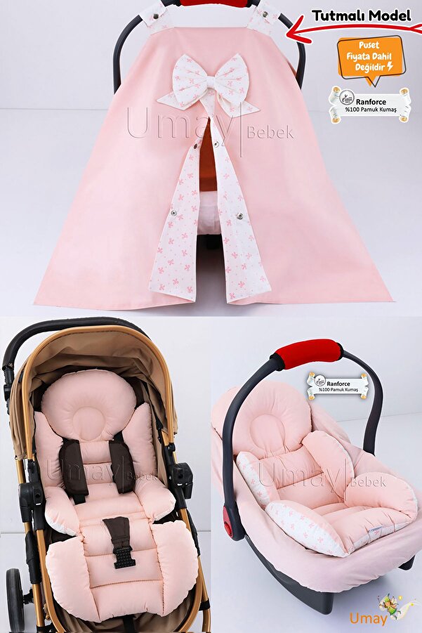 Umaybebek 4 Parça - Puset Örtüsü, Bel Destekli Bebek Arabası Minderi, Puset Minderi, Puset Çarşafı - Tutmalı