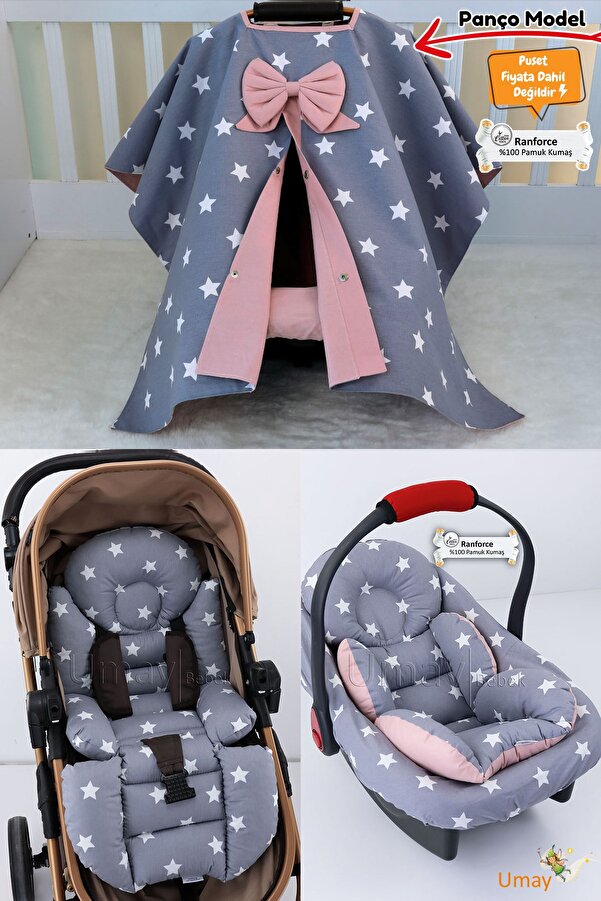 Umaybebek 4 Parça - Puset Örtüsü, Bel Destekli Bebek Arabası Minderi, Puset Minderi, Puset Çarşafı - Panço