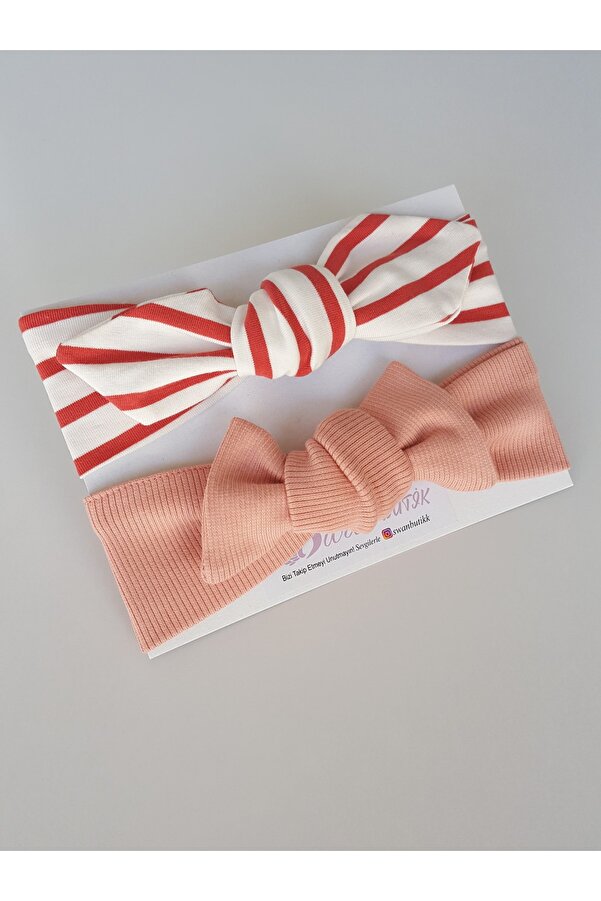 swan butik Kız Bebek Çocuk Bandana Toka Seti 2'li Çizgili Ve Şeftali Ribana
