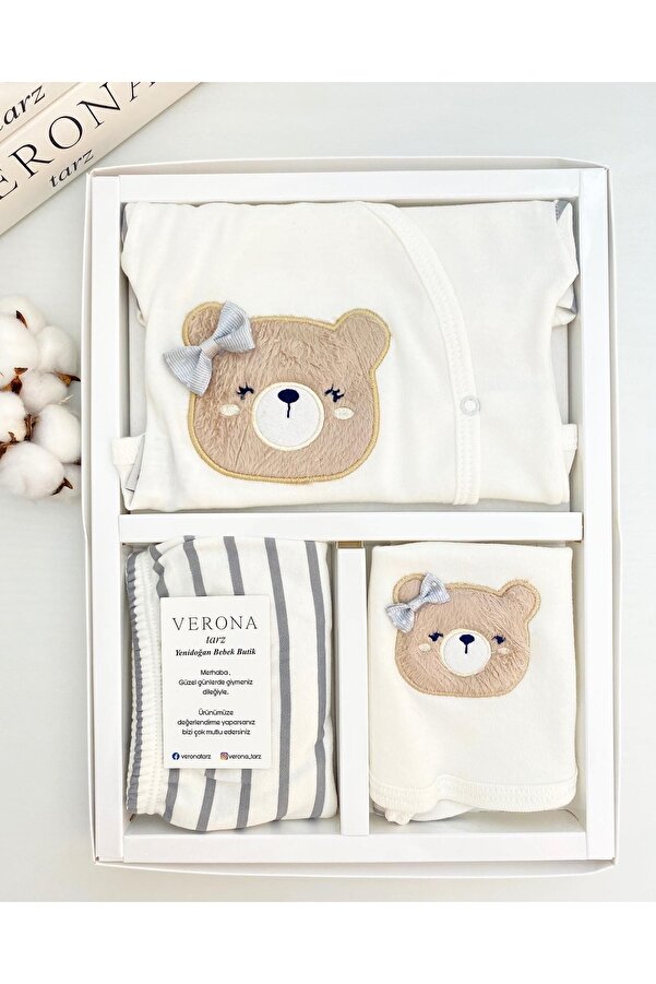 VERONA TARZ Yeni Sezon Kız Bebek Ayıcıklı 5li Hastane Çıkış Seti Yenidoğan Kıyafeti Takım