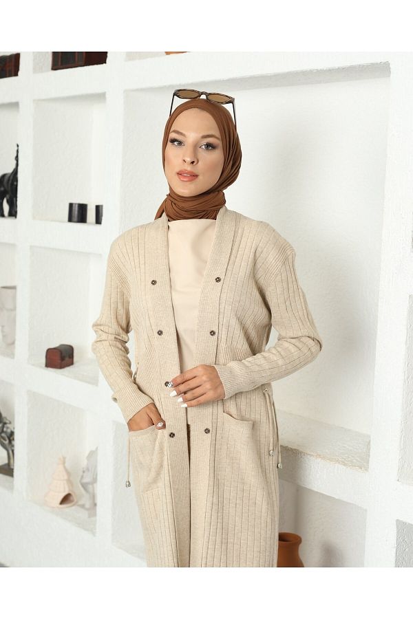ONER Long Knitwear Cardigan with Bird Eyes Belt and Top Pocket Trendyol