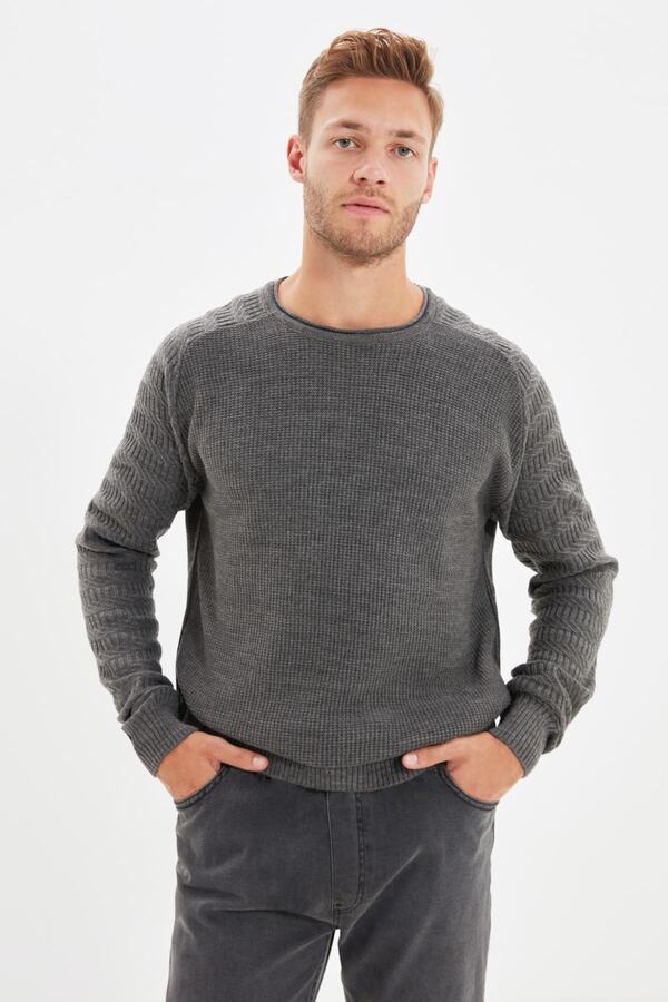 Trendyol Collection-Gray Patterned Slim Fit Knitwear Sweater - Crew Neck, Sleeve Texture, Tmnaw22Kz0380 1