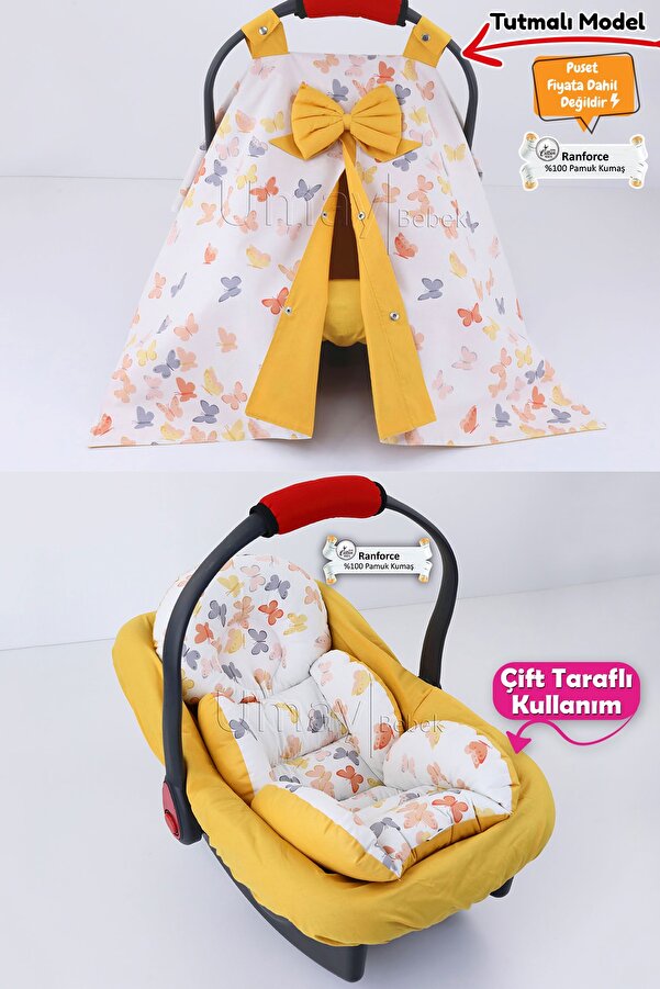 Umaybebek 3 Parça - Puset Örtüsü, Bel Destekli Puset Minderi, Puset Çarşafı, %100 Pamuk- Tutmalı