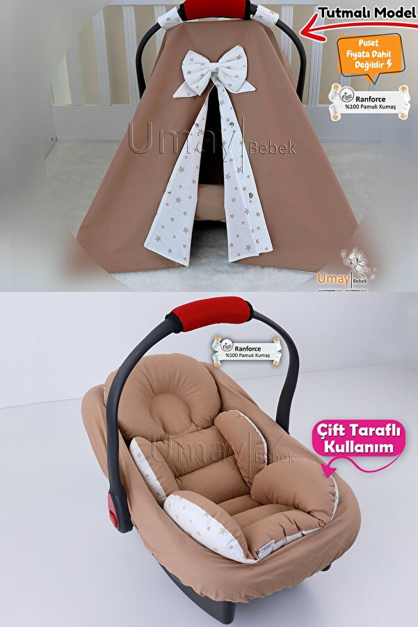 Umaybebek 3 Parça - Puset Örtüsü, Bel Destekli Puset Minderi, Puset Çarşafı, %100 Pamuk- Tutmalı