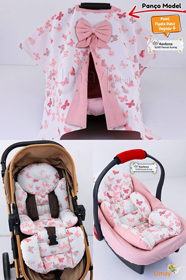 Umaybebek 4 Parça - Puset Örtüsü, Bel Destekli Bebek Arabası Minderi, Puset Minderi, Puset Çarşafı - Panço