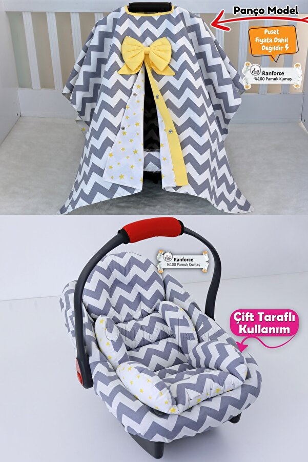 Umaybebek 3 Parça - Puset Örtüsü, Bel Destekli Puset Minderi, Puset Çarşafı, %100 Pamuk - Panço