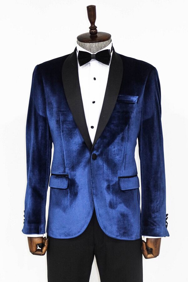 Wessi Navy Blue Velvet Tuxedo Jacket with Shawl Collar Trendyol
