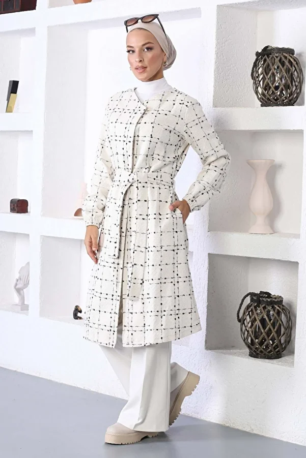 Modamihram-White Stamp Coat - Belted, MİH10768 1