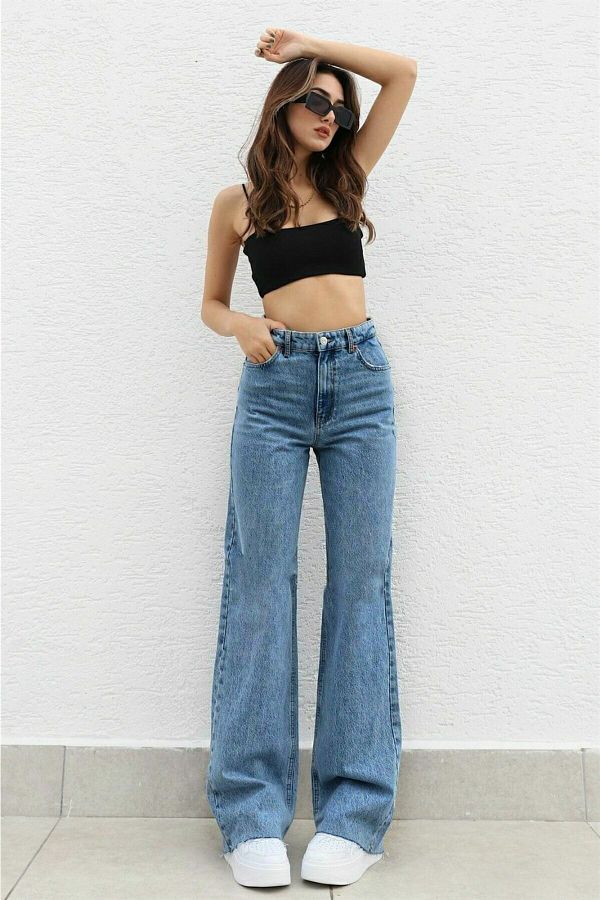 Livik-Fashion Nova Gold Lycra Loose Damen-Jeans in mittlerer Schneeblau-Qualität mit superhoher Taille und lockerem Bein 1