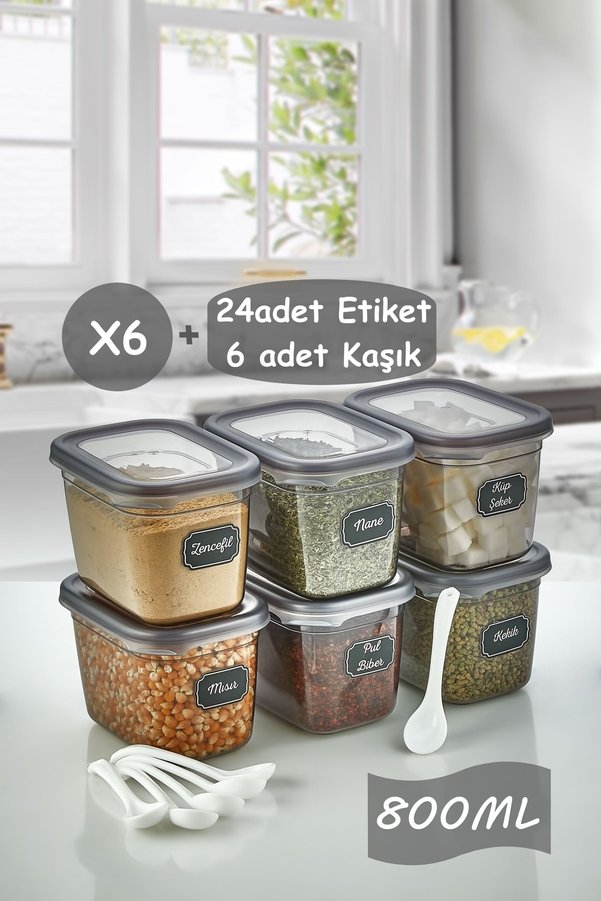 ASlife Home Set of 6 Labeled Storage Containers and Spices with Spoons ...