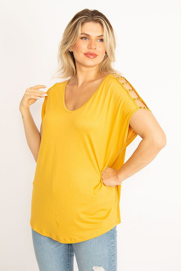 Şans-Damska bluzka plus size w kolorze musztardowym z odkrytymi ramionami 65n34555 1