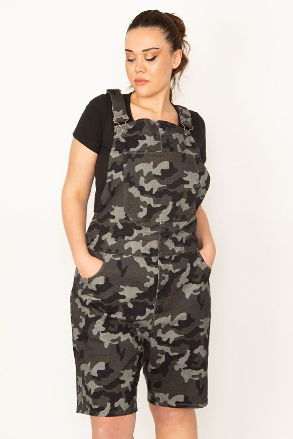 Şans-Women's Large Size Khaki Camouflage Patterned Shorts Salopet 65n34458 1