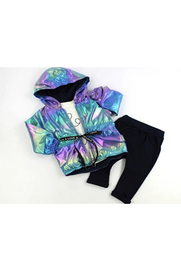 Ümranbaby 3’lü Mor Belden Bağlamalı Fermuarlı Kapüşonlu Kız Bebek Yağmurluk Takımı