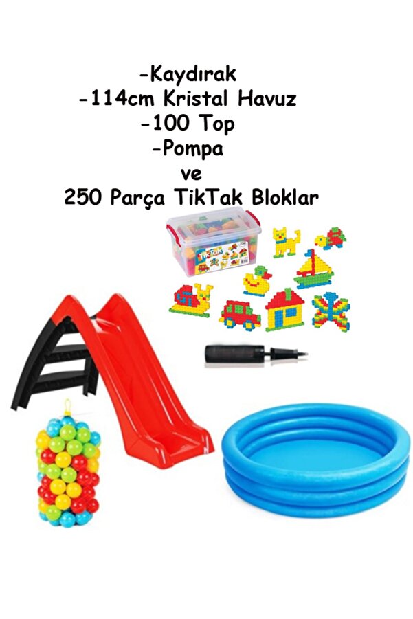 ACTIVESHOP Kaydıraklı Oyun Seti (kristal Havuz 114cm-6 Cm 100 ' Lü Havuz Topu-pompa-kaydırak Ve Tiktak Bloklar)