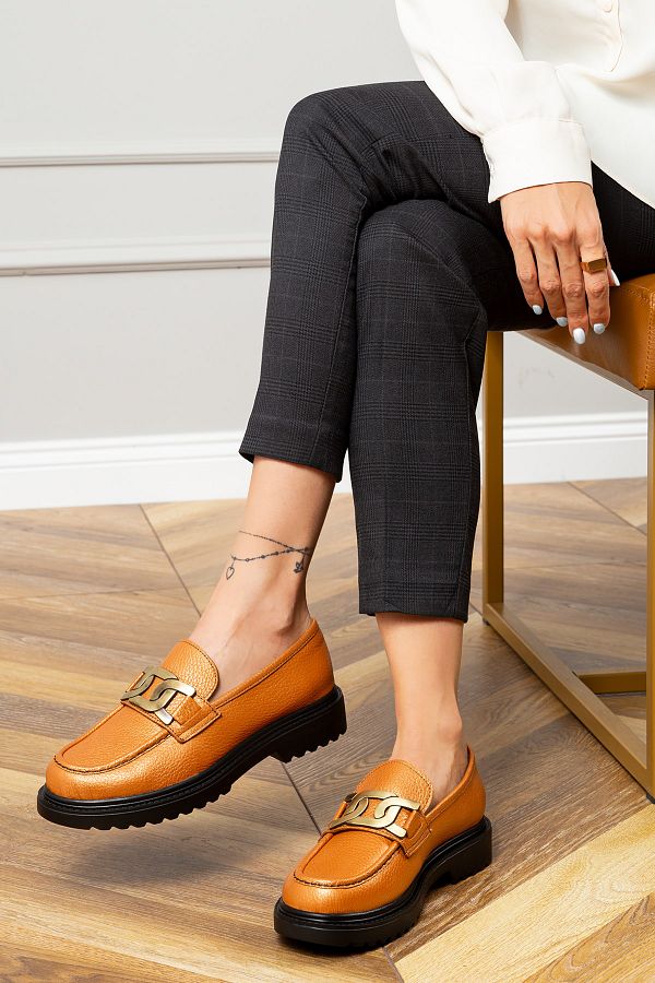 Deery Genuine Leather Bronze Color Buckle Loafer Women s Shoes Trendyol