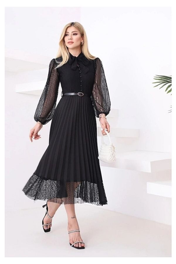 Arden Short Evening Dress Plus Size Black And Powder Tulle Lace Pleat Long Sleeve Midi Invitation Cocktail 36 50 Trendyol