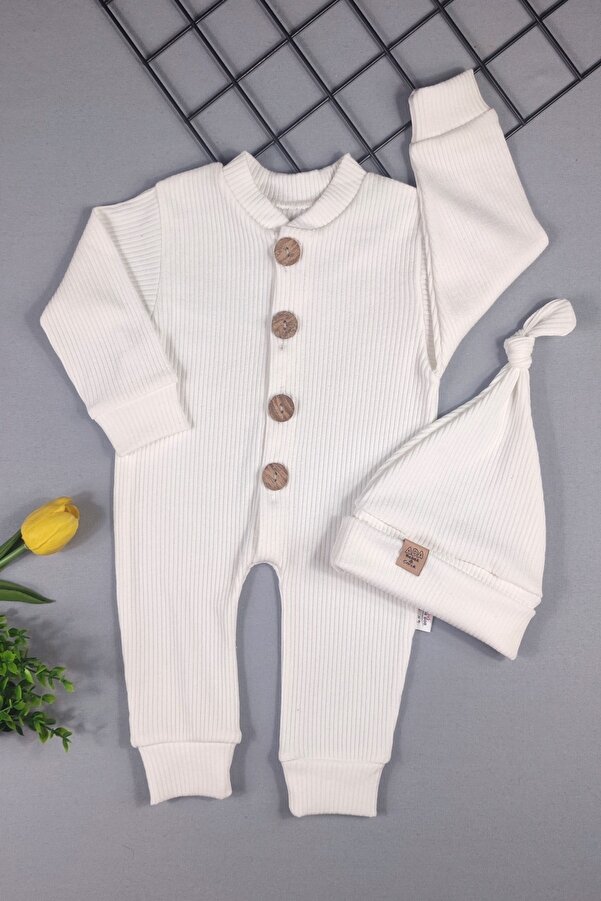 ADABEBEK %100 Pamuk Ahşap Düğmeli Fitilli Tarz Şapkalı Bebek Tulum