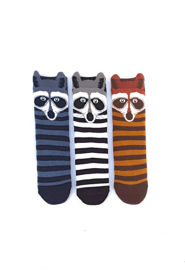 MEM SOCKS-Pack of 3 3D Rakkun Patterned Anti-Slip Children's Towel Socks 1