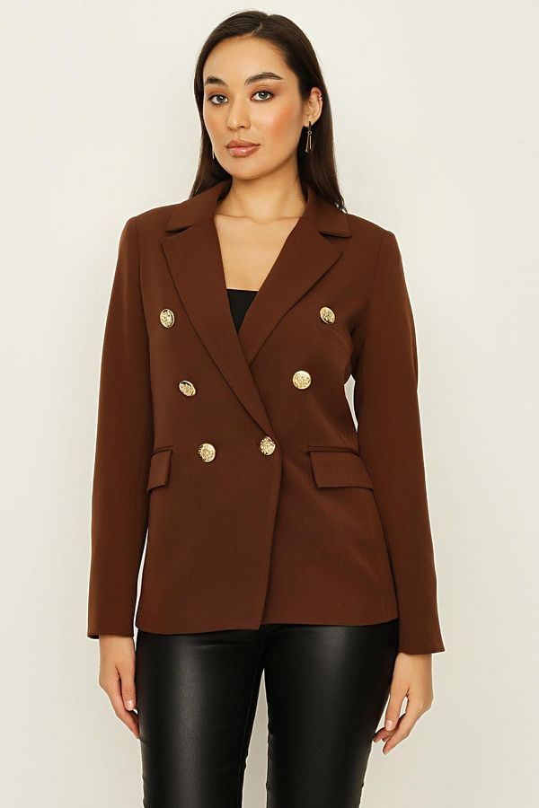 Select Moda-Women's Brown Chocolate Color Gold Button Closure Lined Blazer Jacket 1
