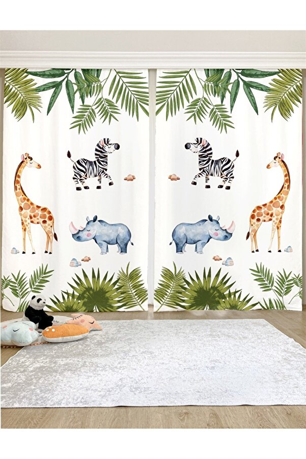 Evpanya Safari Dostları Desenli Çocuk & Bebek Odası Fon Perde (tek Kanat Fiyatlandırma)