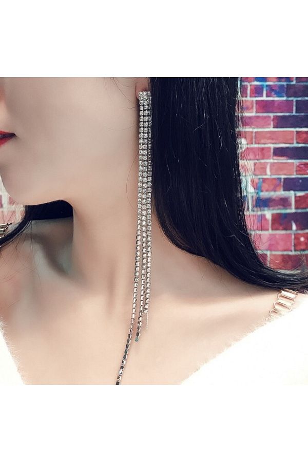 Tak Concept Crystal Long Evening Dress Earrings 20 Cm 3 Rows Trendyol