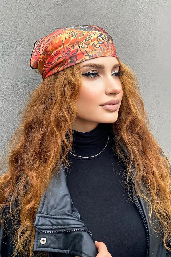 TAKIŞTIR-Orange Color Text Patterned Bandana Scarf 1