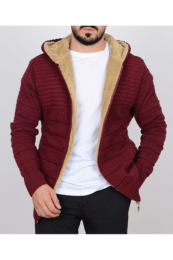 CASUAL SU T Men s Claret Red Slim Fit Thick Cardigan with Fur Inside and Hood Trendyol