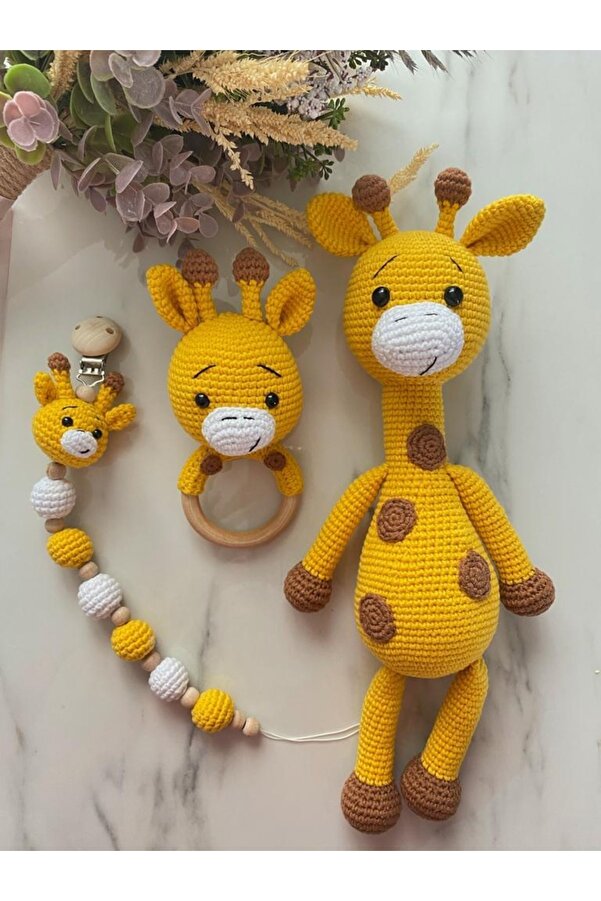 Zey's Amigurumi Amigurumi Zürafa Uyku Arkadaşı Emzik Zinciri Çıngırak Set