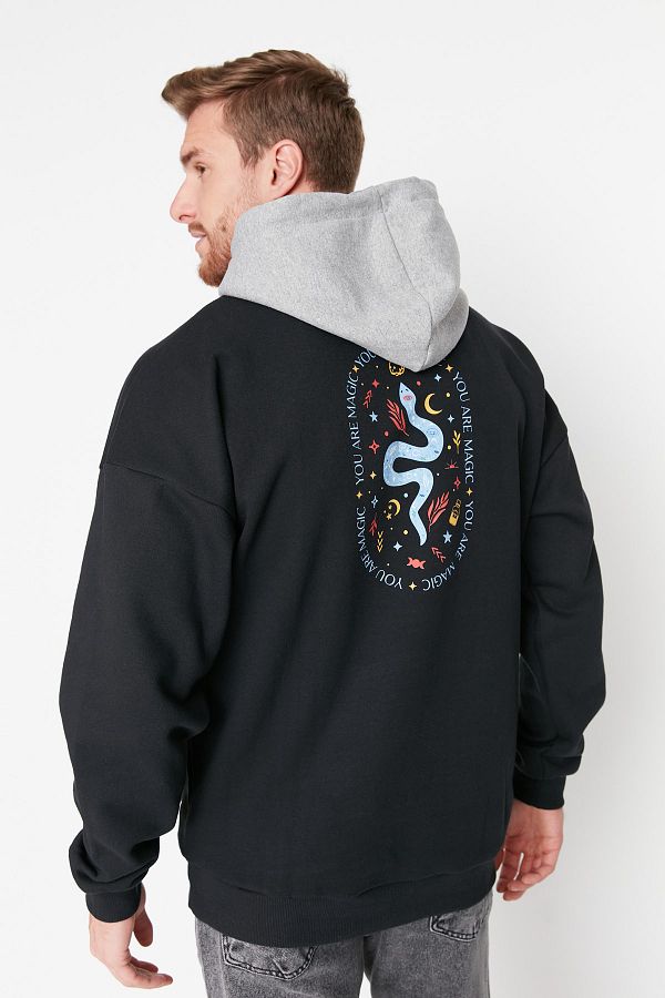 Trendyol Collection-Hanorac negru supradimensionat cu glugă cu imprimeu text - fleece, cald TMNAW23SW00023 1
