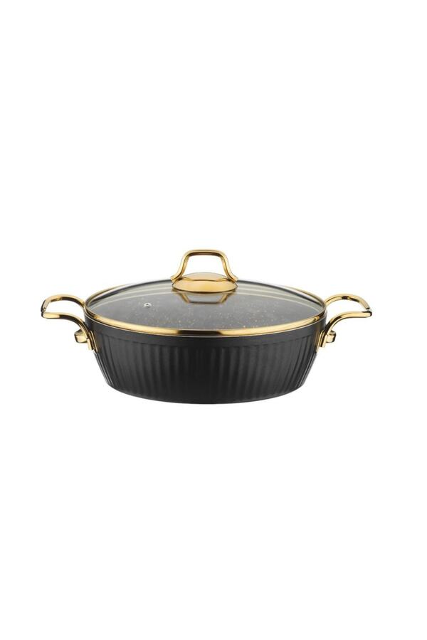 Lines-Maya Granite Patterned Flat Pot Gold Handle - Black - 26 Cm 1