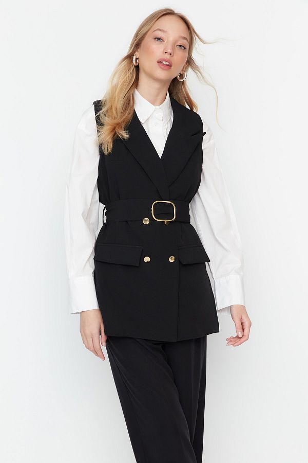 Trendyol Modest-Czarna kamizelka z paskiem i kołnierzem. TCTAW23YL00014 1