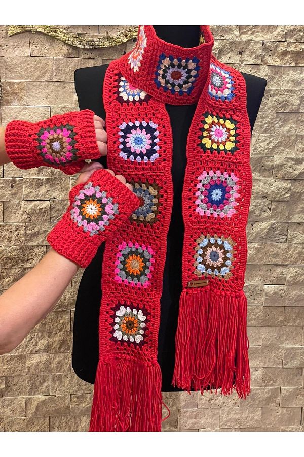 Gönülden Tasarım-Design Motif Ethnic Bohemian Scarf And Fingerless Glove Set Set 1