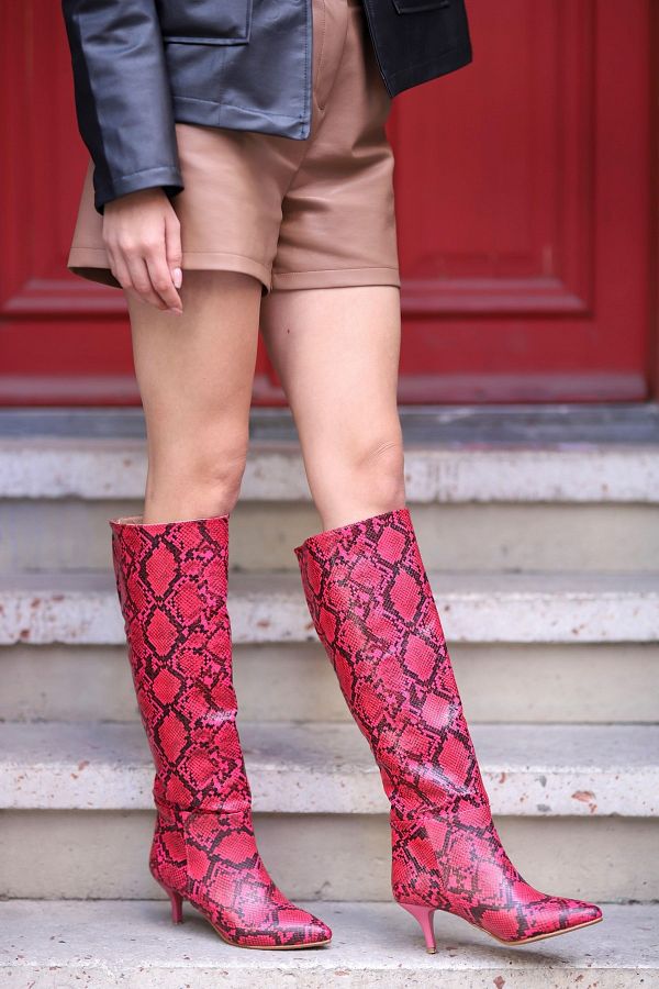 Elvinin Tarz Phoebe Snakeskin Boots Fuchsia Trendyol