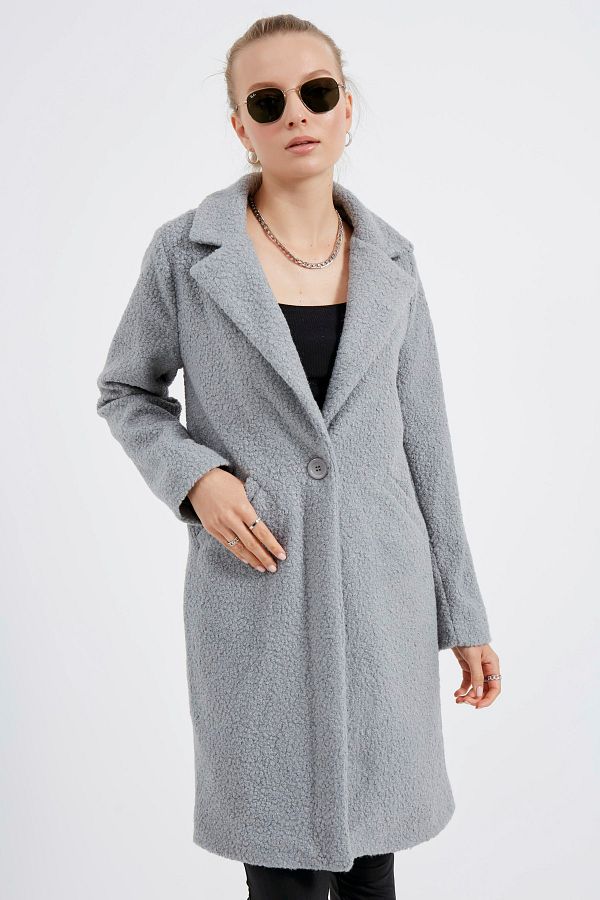MEECY Women s Gray Boucle Coat Trendyol