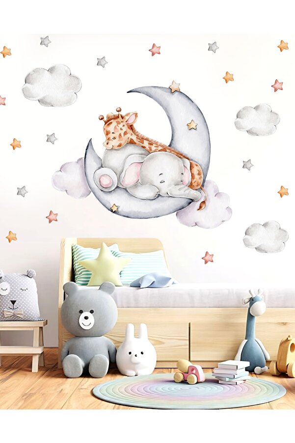 Sticker Sepetim Sevimli Yavru Zürafa Ve Fil Suluboya Bulut Ve Yıldızlar Çocuk Odası Dekoratif Duvar Sticker