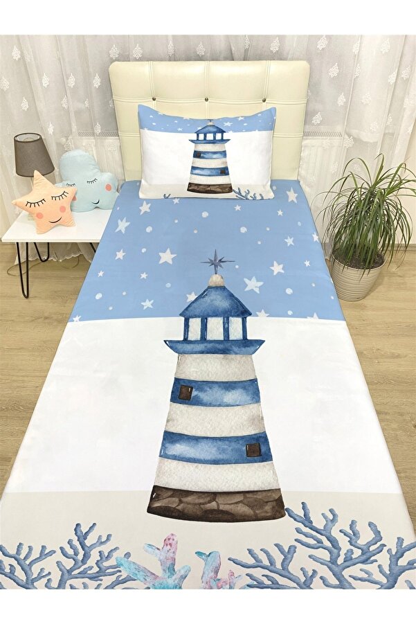 Evpanya Deniz Feneri Desenli Yatak Örtüsü Ve Yastık Kılıfı