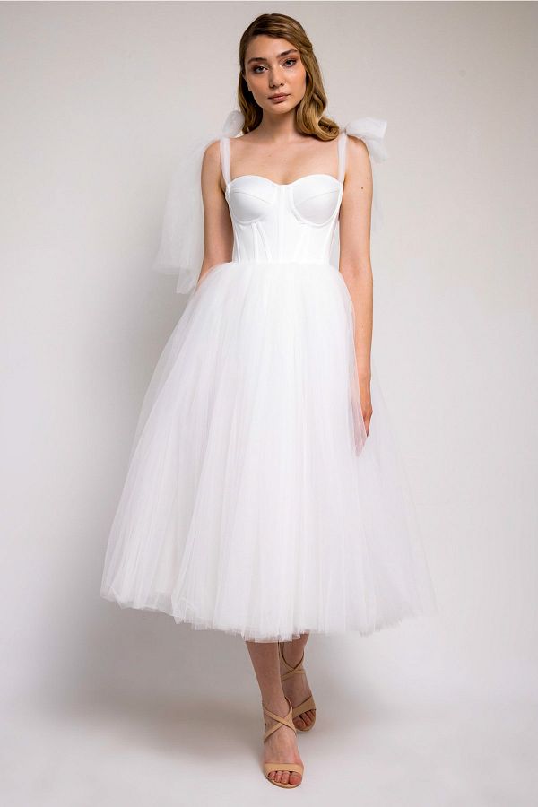 Lenta Moda Women s White Midi Length Tulle Evening Dress Wedding Dress Trendyol