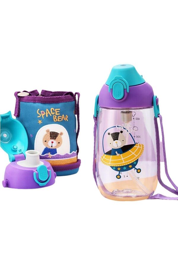 Uzspace-Small Size 480ml Tritan Children's Water Bottle with Case, Hanger, With/Without Straw, Two Separate Lids 1