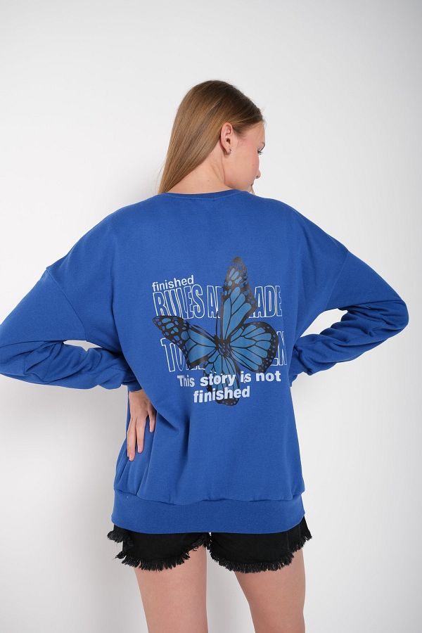 MODAGEN Women s Sax Blue Butterfly Printed Crew Neck Oversize Sweatshirt Trendyol