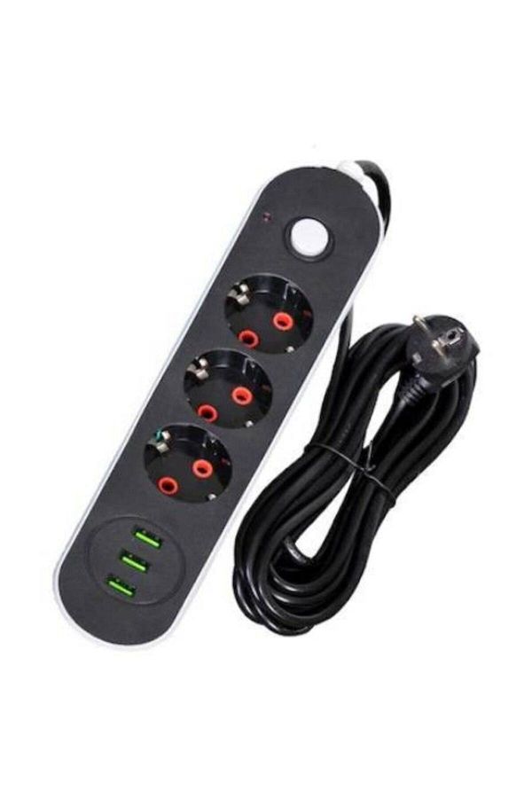 Eksprespazar-Icon 2 Meters 3 Sockets, 3 USB Inputs, Surge Protected Triple Socket 10a 2500w 1