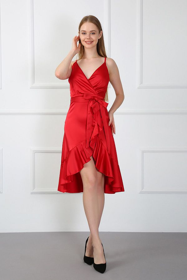 citiescool Women s Red Short Front Long Back Satin Evening Dress Trendyol