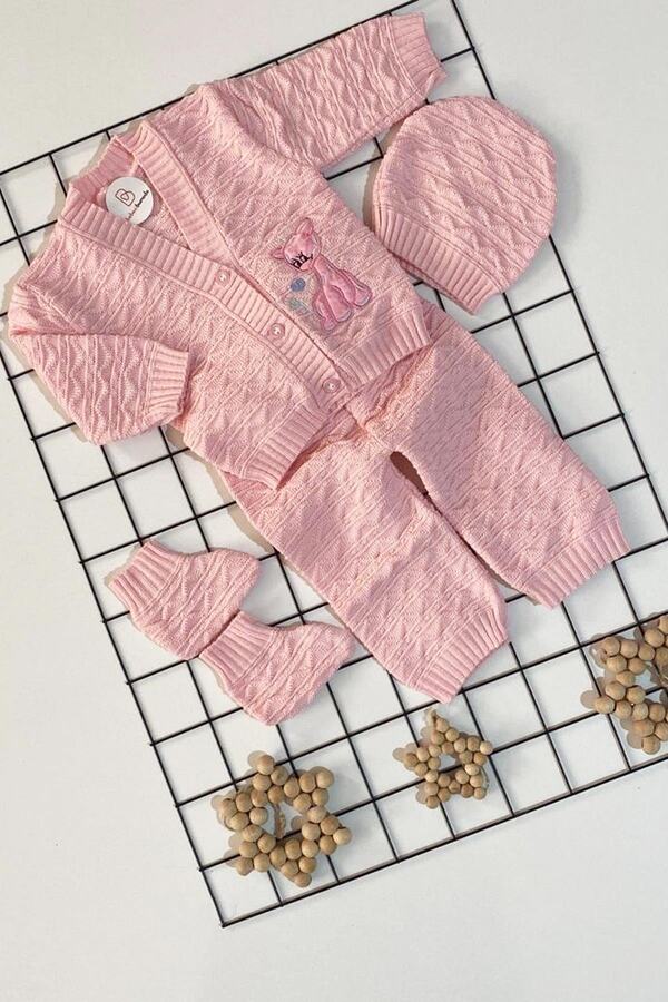 BEBECİBURADA Kedicik Triko Şapkalı Patikli Bebek Dörtlü Takım 0-6 Ay