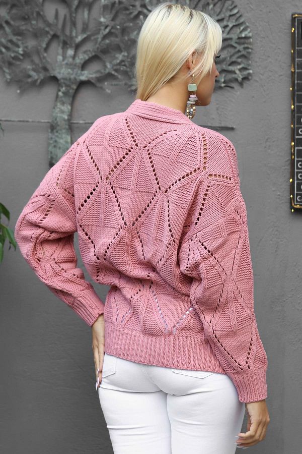 Chiccy Women s Rose Color Collarless Long Sleeve Buttoned Regular Oversize Casual Acrylic Knitwear Cardigan Trendyol