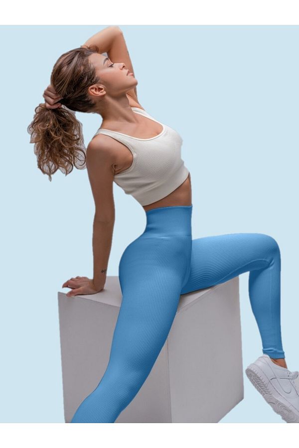 MİSTİRİK-Pescia Knitted Fabric Gathering High Waist Ribbed Tights Ice Blue Color 1